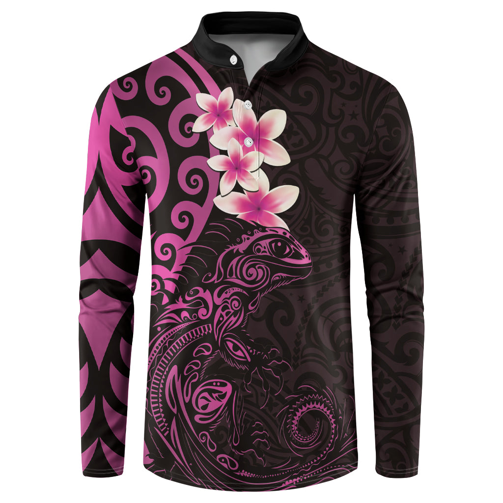 New Zealand Tuatara Plumeria Button Sweatshirt Maori Pink Koru Tribal Tattoo