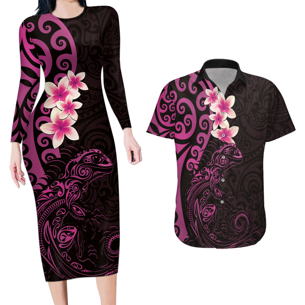 New Zealand Tuatara Plumeria Couples Matching Long Sleeve Bodycon Dress and Hawaiian Shirt Maori Pink Koru Tribal Tattoo LT01 Pink - Polynesian Pride