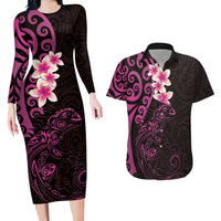 New Zealand Tuatara Plumeria Couples Matching Long Sleeve Bodycon Dress and Hawaiian Shirt Maori Pink Koru Tribal Tattoo LT01 Pink - Polynesian Pride