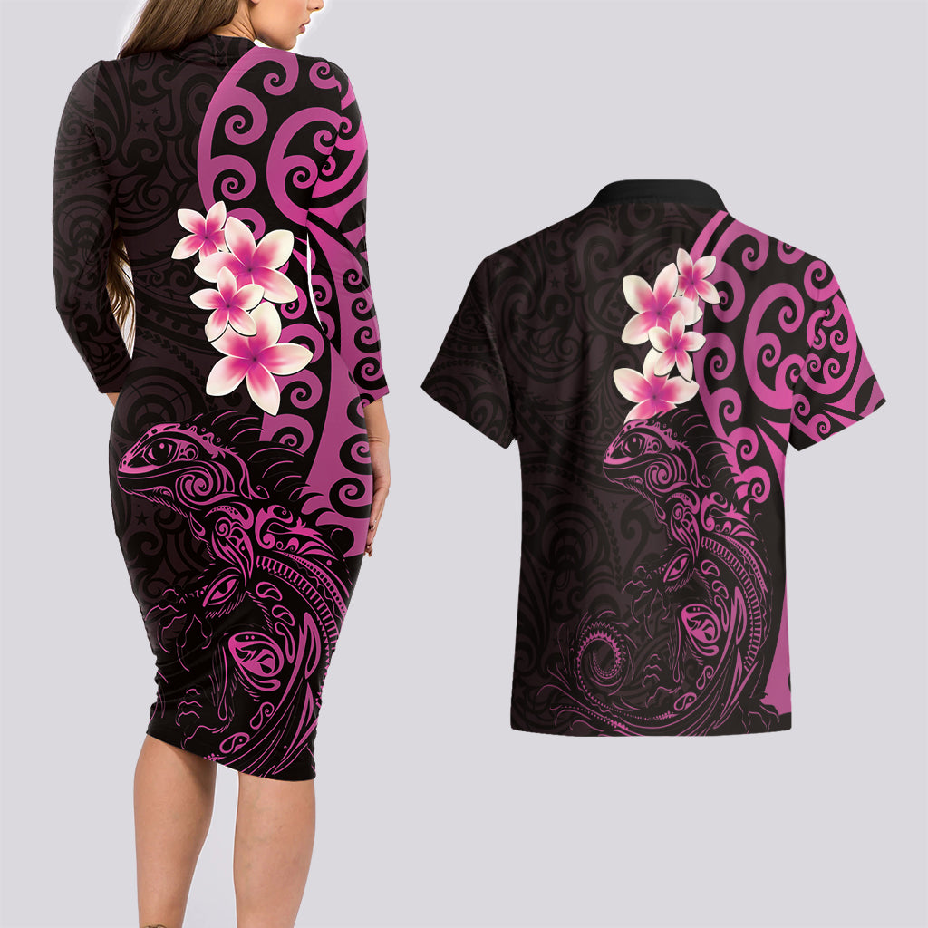 New Zealand Tuatara Plumeria Couples Matching Long Sleeve Bodycon Dress and Hawaiian Shirt Maori Pink Koru Tribal Tattoo LT01 - Polynesian Pride