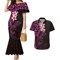 New Zealand Tuatara Plumeria Couples Matching Mermaid Dress and Hawaiian Shirt Maori Pink Koru Tribal Tattoo LT01 Pink - Polynesian Pride