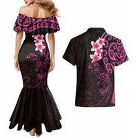 New Zealand Tuatara Plumeria Couples Matching Mermaid Dress and Hawaiian Shirt Maori Pink Koru Tribal Tattoo LT01 - Polynesian Pride