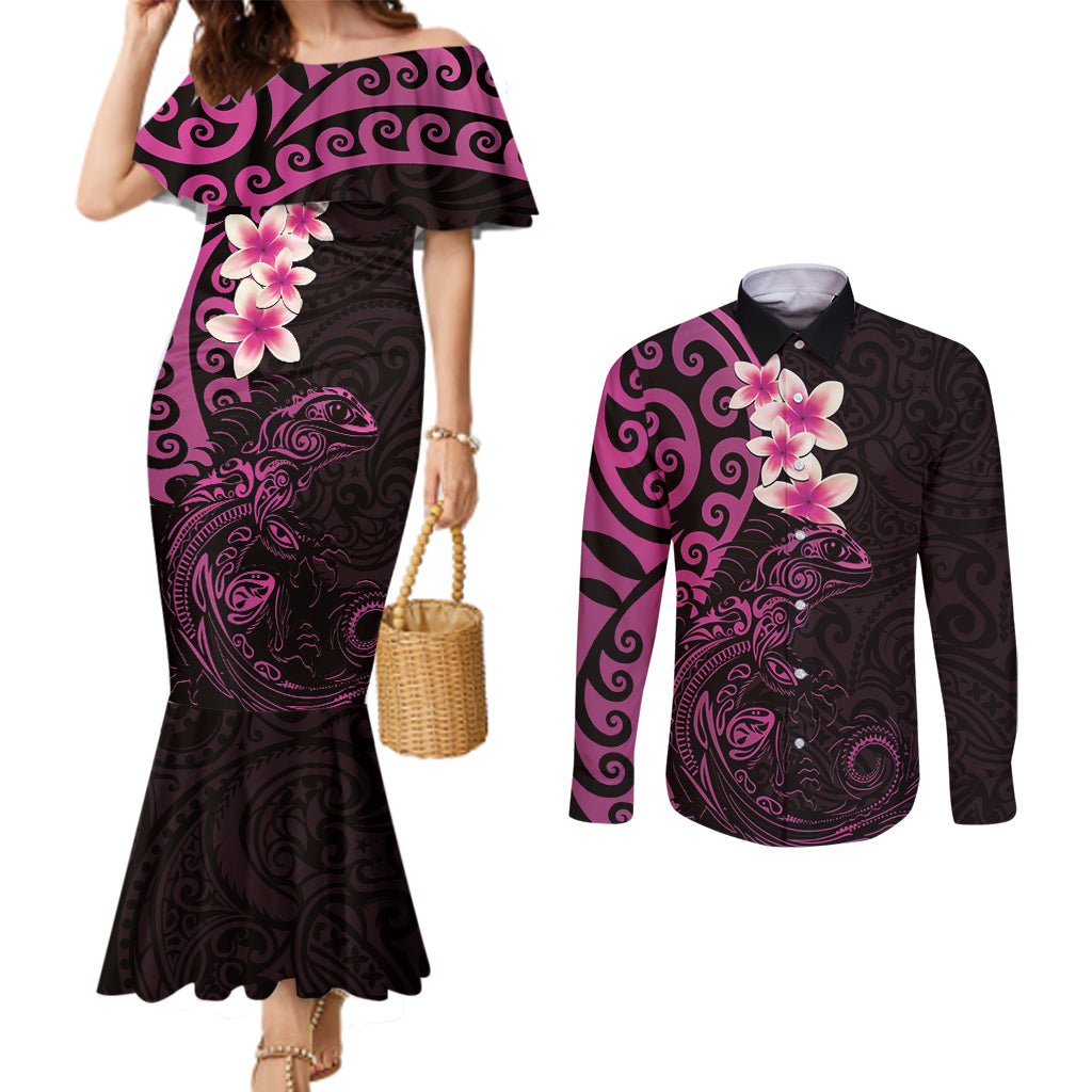 New Zealand Tuatara Plumeria Couples Matching Mermaid Dress and Long Sleeve Button Shirt Maori Pink Koru Tribal Tattoo
