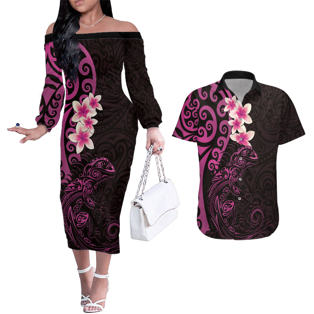 New Zealand Tuatara Plumeria Couples Matching Off The Shoulder Long Sleeve Dress and Hawaiian Shirt Maori Pink Koru Tribal Tattoo