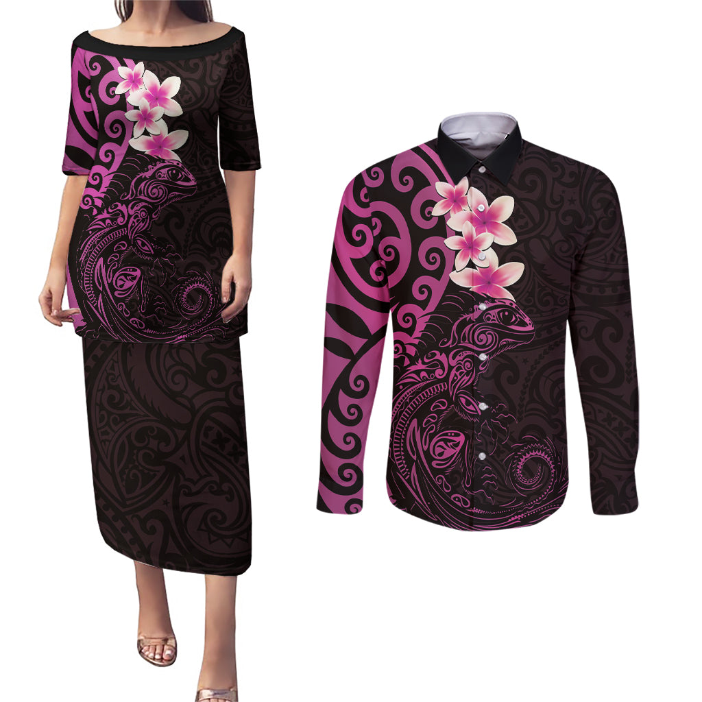 New Zealand Tuatara Plumeria Couples Matching Puletasi and Long Sleeve Button Shirt Maori Pink Koru Tribal Tattoo LT01 Pink - Polynesian Pride