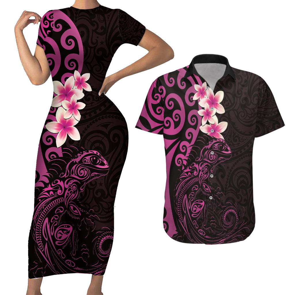 New Zealand Tuatara Plumeria Couples Matching Short Sleeve Bodycon Dress and Hawaiian Shirt Maori Pink Koru Tribal Tattoo LT01 Pink - Polynesian Pride