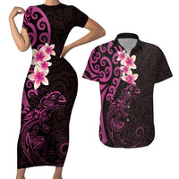 New Zealand Tuatara Plumeria Couples Matching Short Sleeve Bodycon Dress and Hawaiian Shirt Maori Pink Koru Tribal Tattoo LT01 Pink - Polynesian Pride