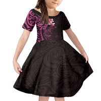 New Zealand Tuatara Plumeria Family Matching Long Sleeve Bodycon Dress and Hawaiian Shirt Maori Pink Koru Tribal Tattoo LT01 Daughter's Dress Pink - Polynesian Pride