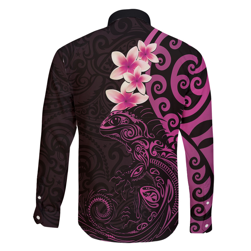 New Zealand Tuatara Plumeria Family Matching Long Sleeve Bodycon Dress and Hawaiian Shirt Maori Pink Koru Tribal Tattoo LT01 - Polynesian Pride