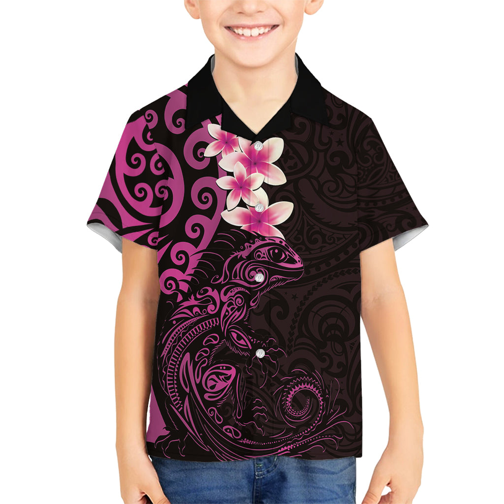 New Zealand Tuatara Plumeria Family Matching Long Sleeve Bodycon Dress and Hawaiian Shirt Maori Pink Koru Tribal Tattoo LT01 Son's Shirt Pink - Polynesian Pride