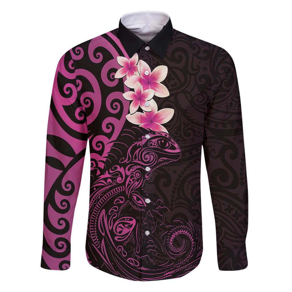 New Zealand Tuatara Plumeria Family Matching Mermaid Dress and Hawaiian Shirt Maori Pink Koru Tribal Tattoo LT01 Dad's Shirt - Long Sleeve Pink - Polynesian Pride