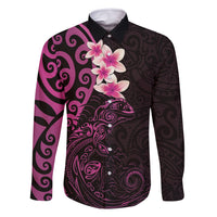 New Zealand Tuatara Plumeria Family Matching Mermaid Dress and Hawaiian Shirt Maori Pink Koru Tribal Tattoo LT01 Dad's Shirt - Long Sleeve Pink - Polynesian Pride