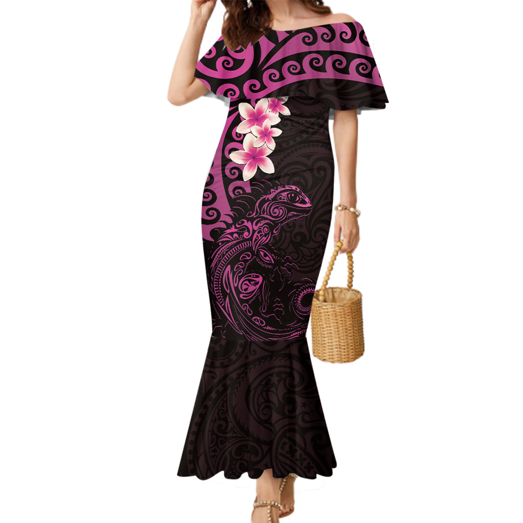 New Zealand Tuatara Plumeria Family Matching Mermaid Dress and Hawaiian Shirt Maori Pink Koru Tribal Tattoo LT01 Mom's Dress Pink - Polynesian Pride