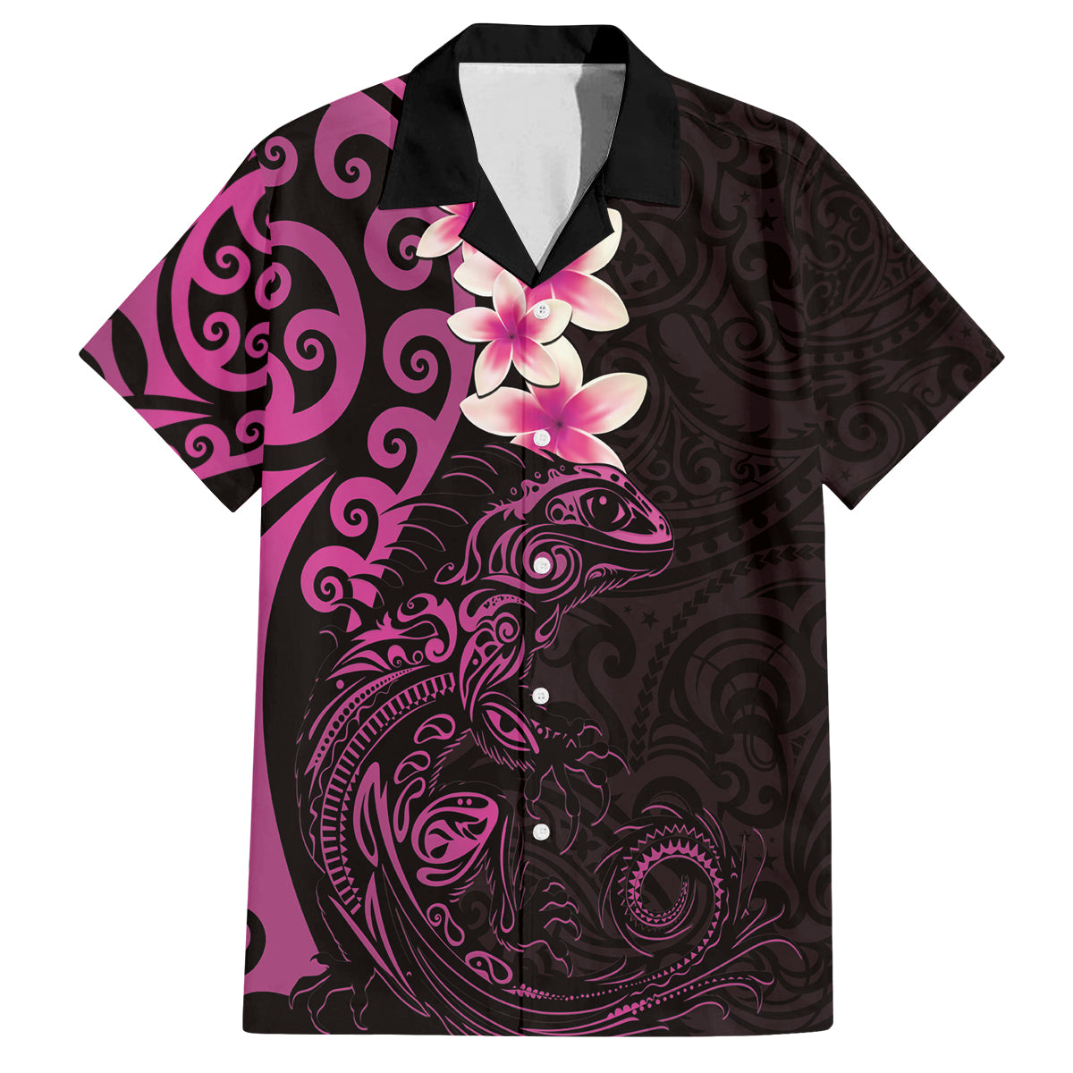 New Zealand Tuatara Plumeria Family Matching Puletasi and Hawaiian Shirt Maori Pink Koru Tribal Tattoo LT01 Dad's Shirt - Short Sleeve Pink - Polynesian Pride