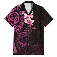New Zealand Tuatara Plumeria Family Matching Puletasi and Hawaiian Shirt Maori Pink Koru Tribal Tattoo LT01 Dad's Shirt - Short Sleeve Pink - Polynesian Pride