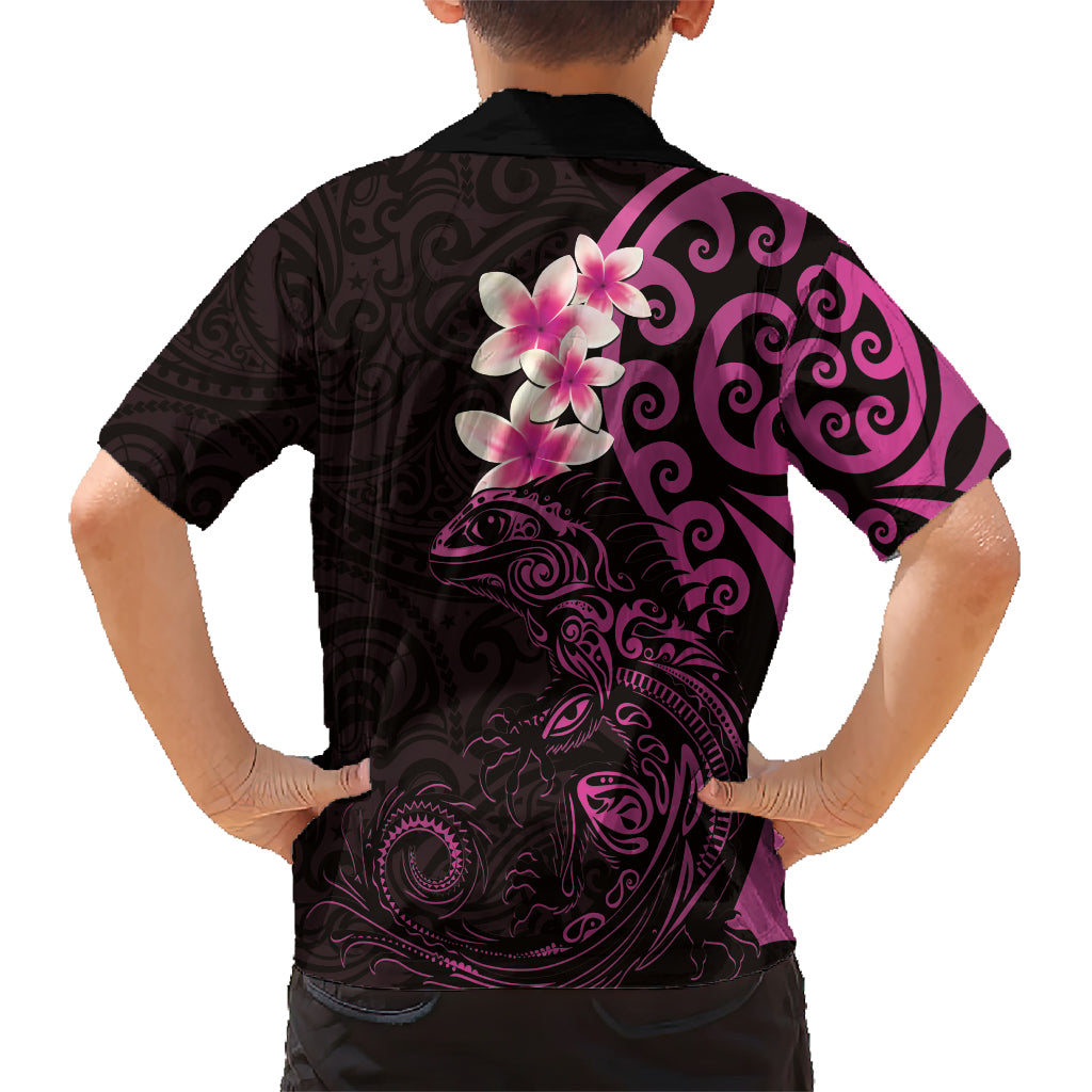 New Zealand Tuatara Plumeria Family Matching Short Sleeve Bodycon Dress and Hawaiian Shirt Maori Pink Koru Tribal Tattoo LT01 - Polynesian Pride