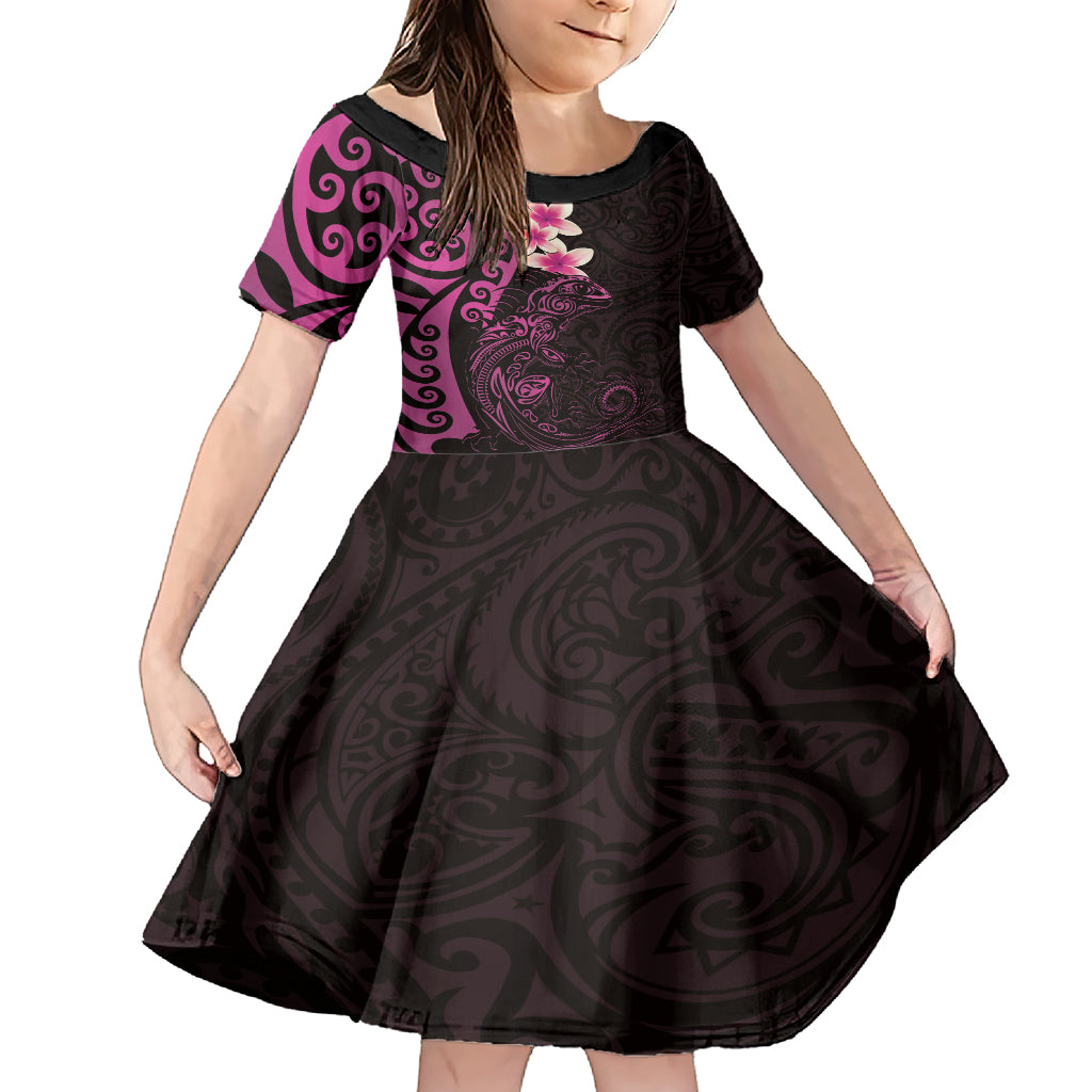 New Zealand Tuatara Plumeria Family Matching Short Sleeve Bodycon Dress and Hawaiian Shirt Maori Pink Koru Tribal Tattoo LT01 Daughter's Dress Pink - Polynesian Pride