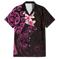 New Zealand Tuatara Plumeria Family Matching Short Sleeve Bodycon Dress and Hawaiian Shirt Maori Pink Koru Tribal Tattoo LT01 Dad's Shirt - Short Sleeve Pink - Polynesian Pride