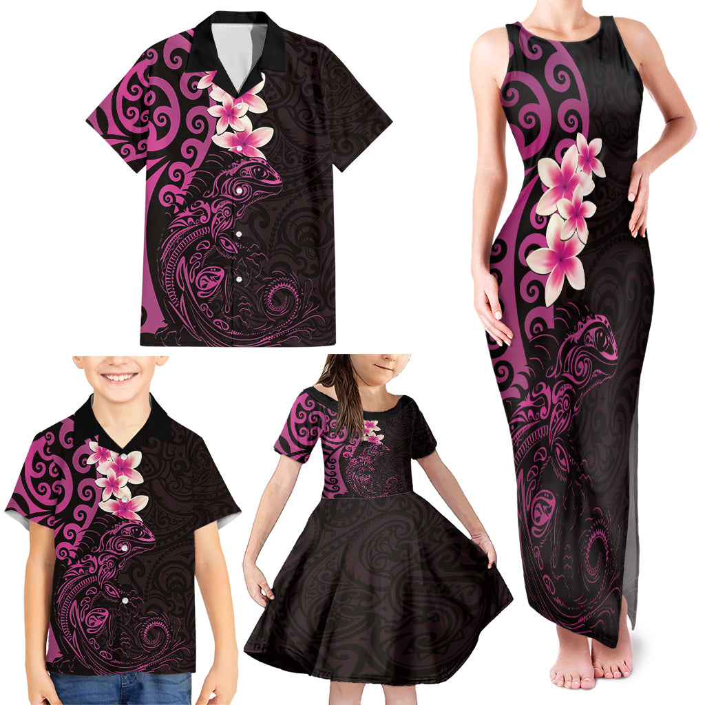 New Zealand Tuatara Plumeria Family Matching Tank Maxi Dress and Hawaiian Shirt Maori Pink Koru Tribal Tattoo