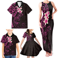 New Zealand Tuatara Plumeria Family Matching Tank Maxi Dress and Hawaiian Shirt Maori Pink Koru Tribal Tattoo