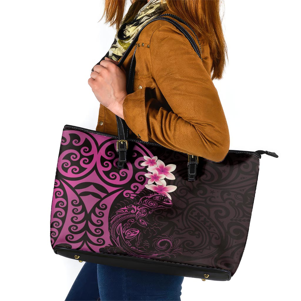 New Zealand Tuatara Plumeria Leather Tote Bag Maori Pink Koru Tribal Tattoo LT01 Pink - Polynesian Pride