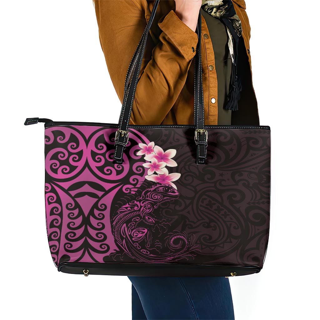 New Zealand Tuatara Plumeria Leather Tote Bag Maori Pink Koru Tribal Tattoo LT01 - Polynesian Pride