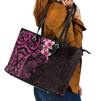 New Zealand Tuatara Plumeria Leather Tote Bag Maori Pink Koru Tribal Tattoo LT01 - Polynesian Pride