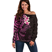 New Zealand Tuatara Plumeria Off Shoulder Sweater Maori Pink Koru Tribal Tattoo