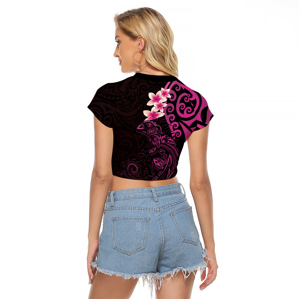 New Zealand Tuatara Plumeria Raglan Cropped T Shirt Maori Pink Koru Tribal Tattoo