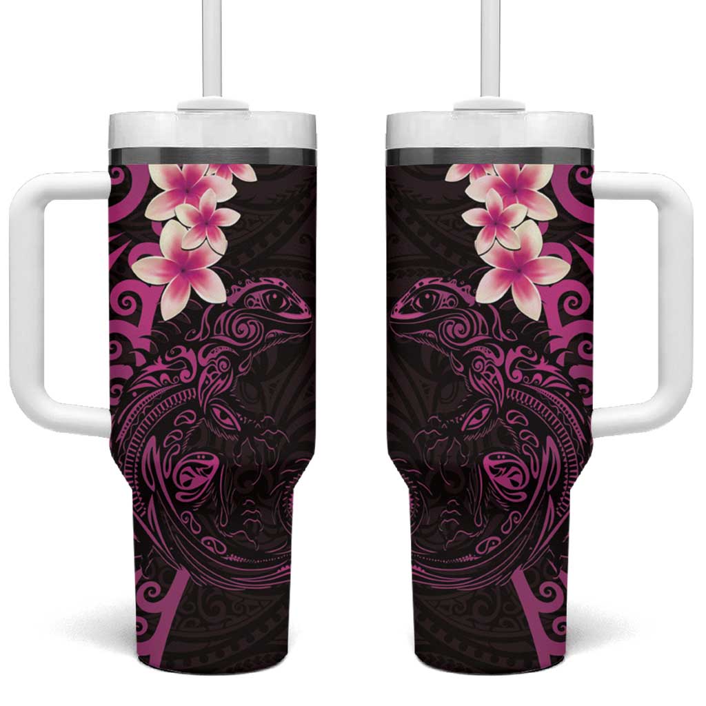 New Zealand Tuatara Plumeria Tumbler With Handle Maori Pink Koru Tribal Tattoo