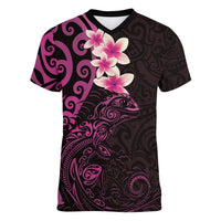 New Zealand Tuatara Plumeria Women V-Neck T-Shirt Maori Pink Koru Tribal Tattoo