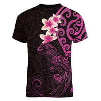 New Zealand Tuatara Plumeria Women V-Neck T-Shirt Maori Pink Koru Tribal Tattoo