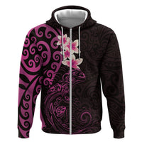 New Zealand Tuatara Plumeria Zip Hoodie Maori Pink Koru Tribal Tattoo LT01 Zip Hoodie Pink - Polynesian Pride