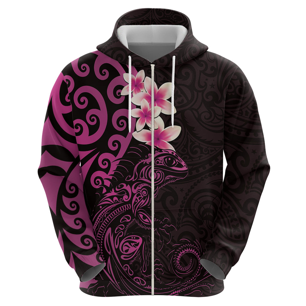 New Zealand Tuatara Plumeria Zip Hoodie Maori Pink Koru Tribal Tattoo LT01 - Polynesian Pride