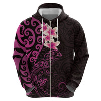 New Zealand Tuatara Plumeria Zip Hoodie Maori Pink Koru Tribal Tattoo LT01 - Polynesian Pride