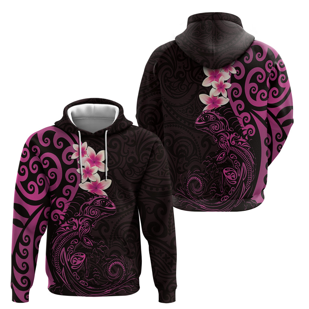 New Zealand Tuatara Plumeria Zip Hoodie Maori Pink Koru Tribal Tattoo LT01 - Polynesian Pride