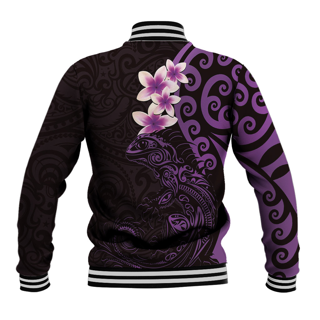 New Zealand Tuatara Plumeria Baseball Jacket Maori Purple Koru Tribal Tattoo LT01 - Polynesian Pride