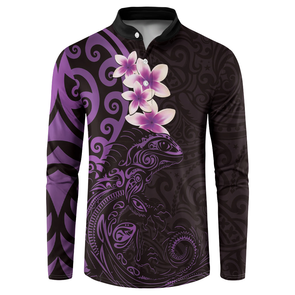 New Zealand Tuatara Plumeria Button Sweatshirt Maori Purple Koru Tribal Tattoo