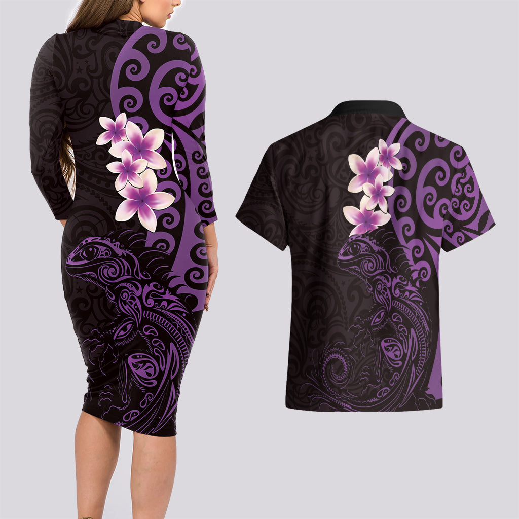 New Zealand Tuatara Plumeria Couples Matching Long Sleeve Bodycon Dress and Hawaiian Shirt Maori Purple Koru Tribal Tattoo LT01 - Polynesian Pride
