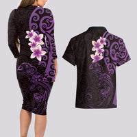 New Zealand Tuatara Plumeria Couples Matching Long Sleeve Bodycon Dress and Hawaiian Shirt Maori Purple Koru Tribal Tattoo LT01 - Polynesian Pride