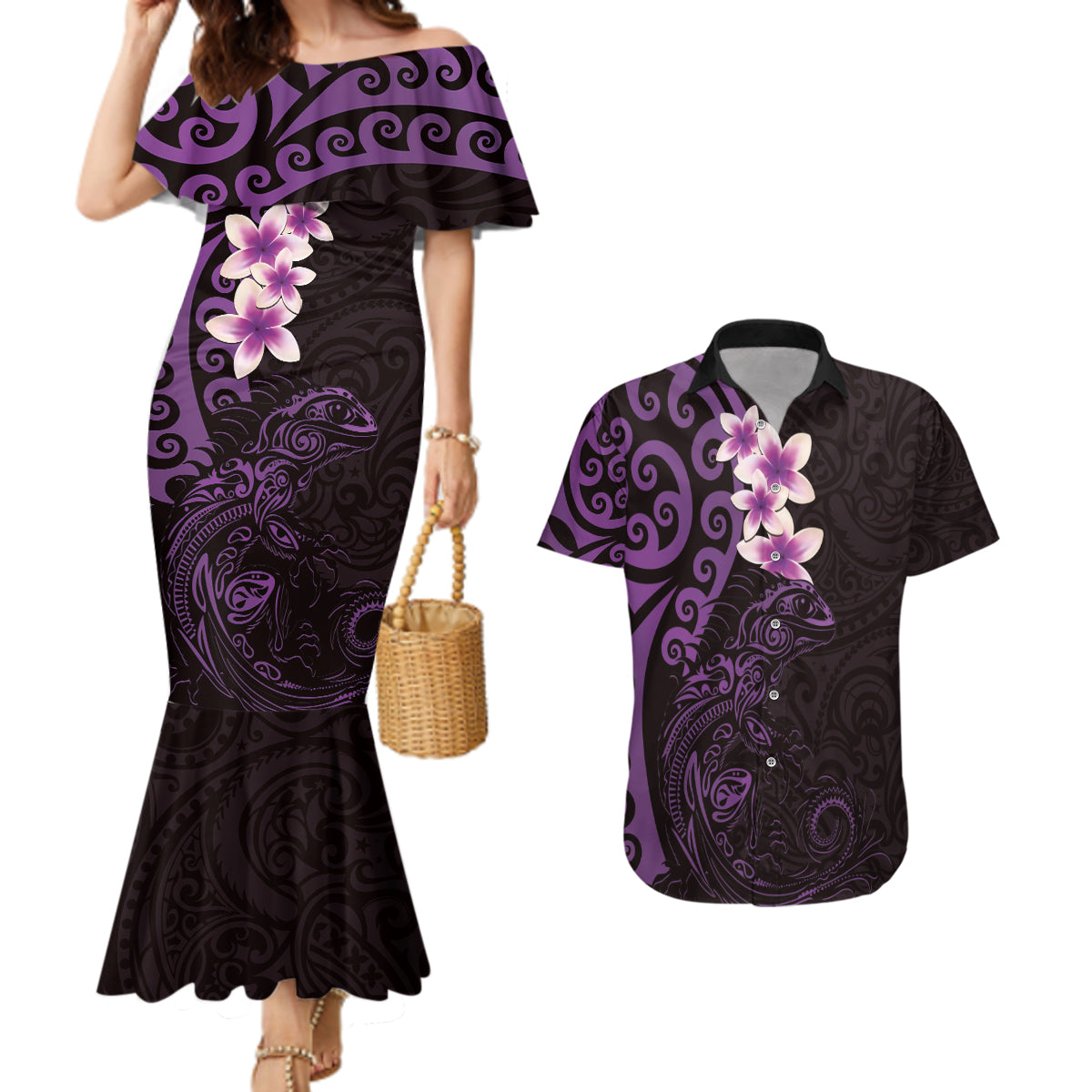 New Zealand Tuatara Plumeria Couples Matching Mermaid Dress and Hawaiian Shirt Maori Purple Koru Tribal Tattoo