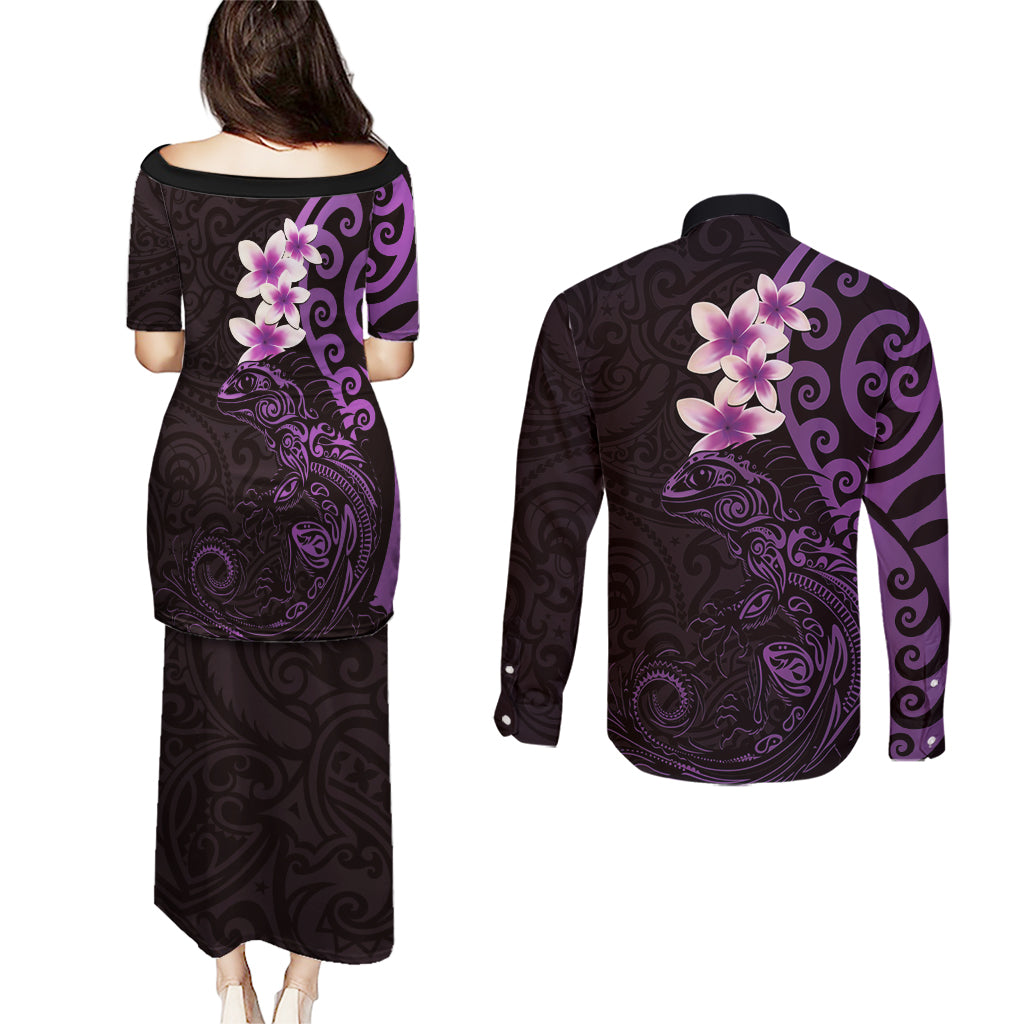 New Zealand Tuatara Plumeria Couples Matching Puletasi and Long Sleeve Button Shirt Maori Purple Koru Tribal Tattoo LT01 - Polynesian Pride