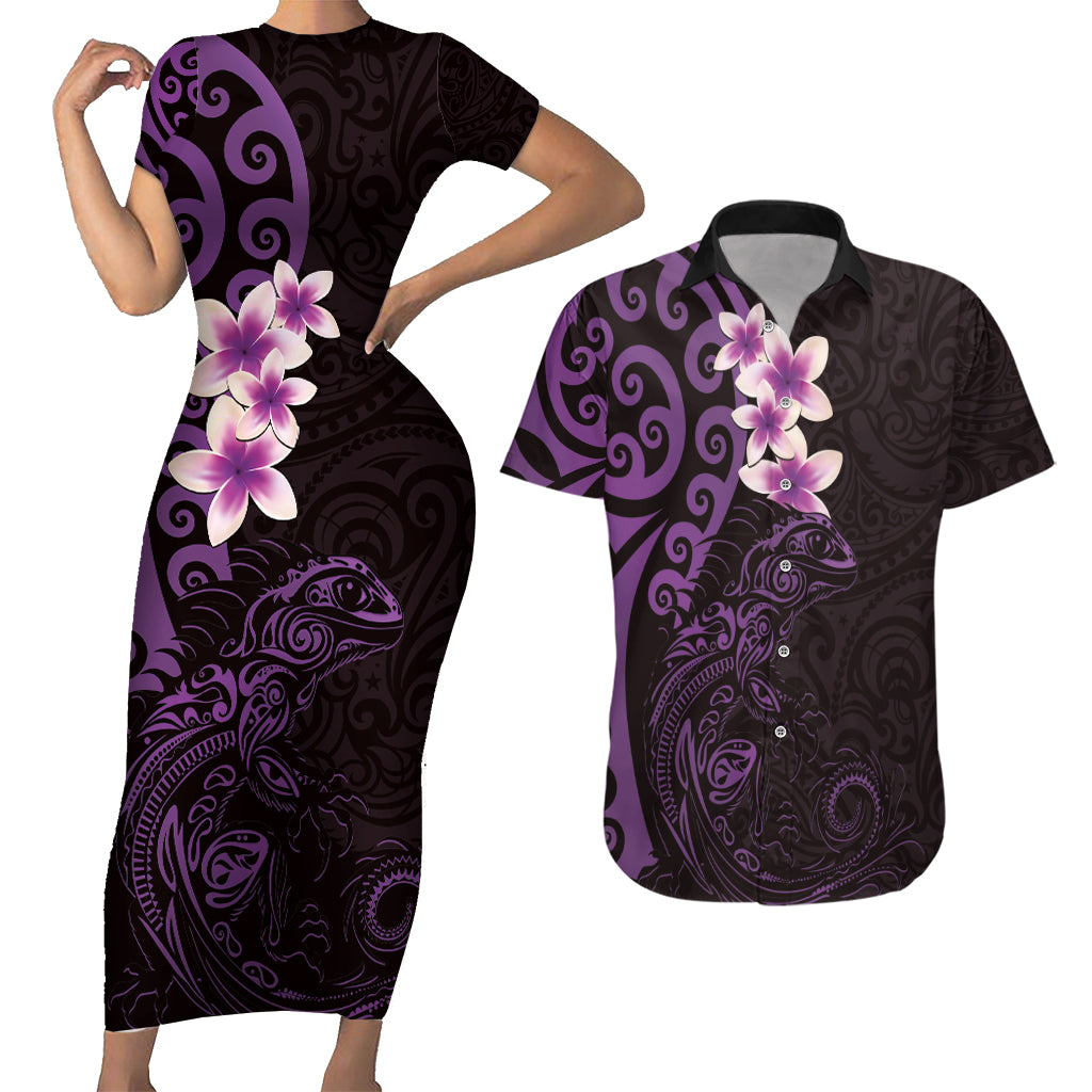 New Zealand Tuatara Plumeria Couples Matching Short Sleeve Bodycon Dress and Hawaiian Shirt Maori Purple Koru Tribal Tattoo