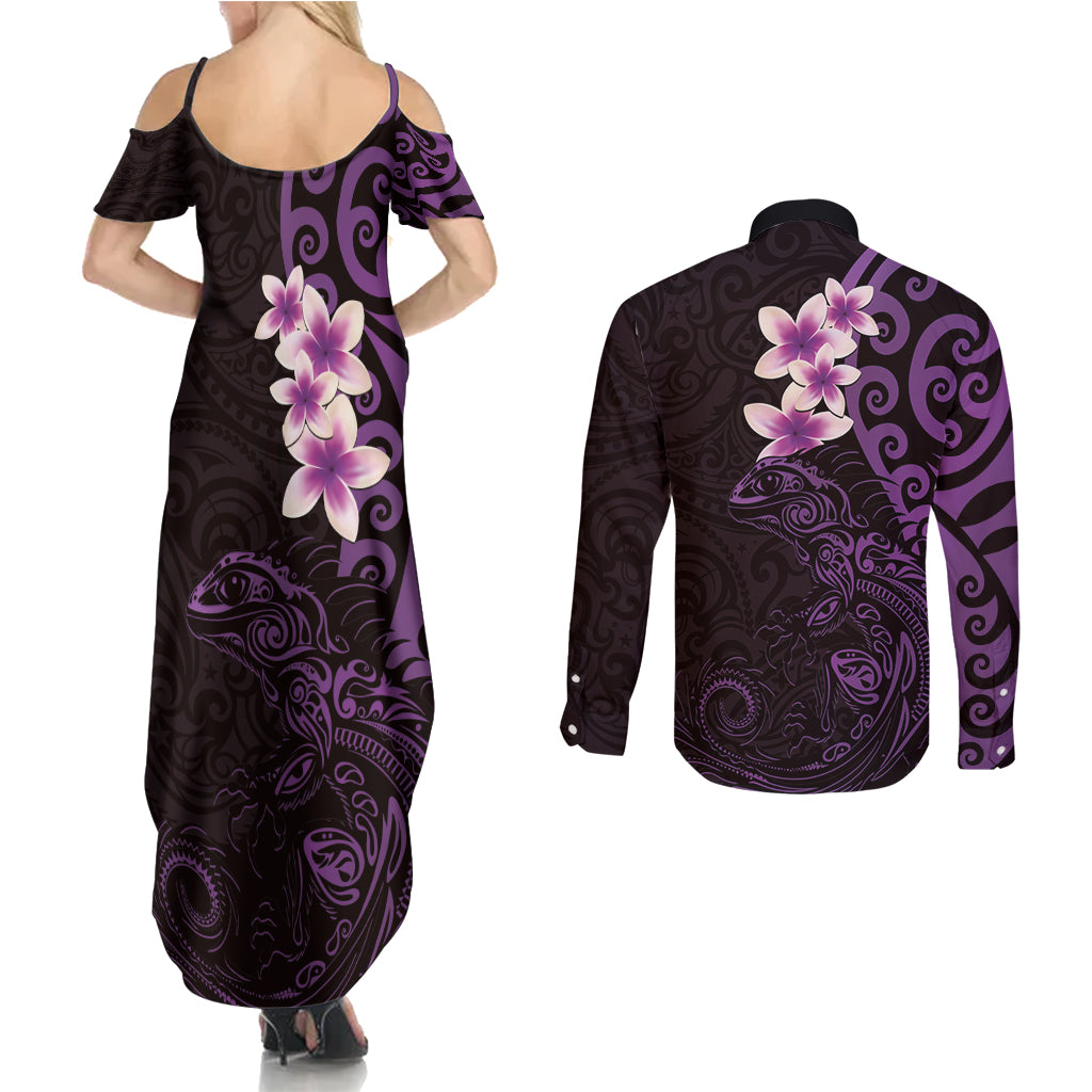 New Zealand Tuatara Plumeria Couples Matching Summer Maxi Dress and Long Sleeve Button Shirt Maori Purple Koru Tribal Tattoo