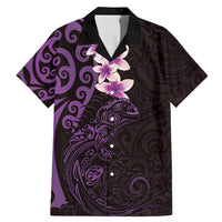 New Zealand Tuatara Plumeria Family Matching Mermaid Dress and Hawaiian Shirt Maori Purple Koru Tribal Tattoo LT01 Dad's Shirt - Short Sleeve Purple - Polynesian Pride
