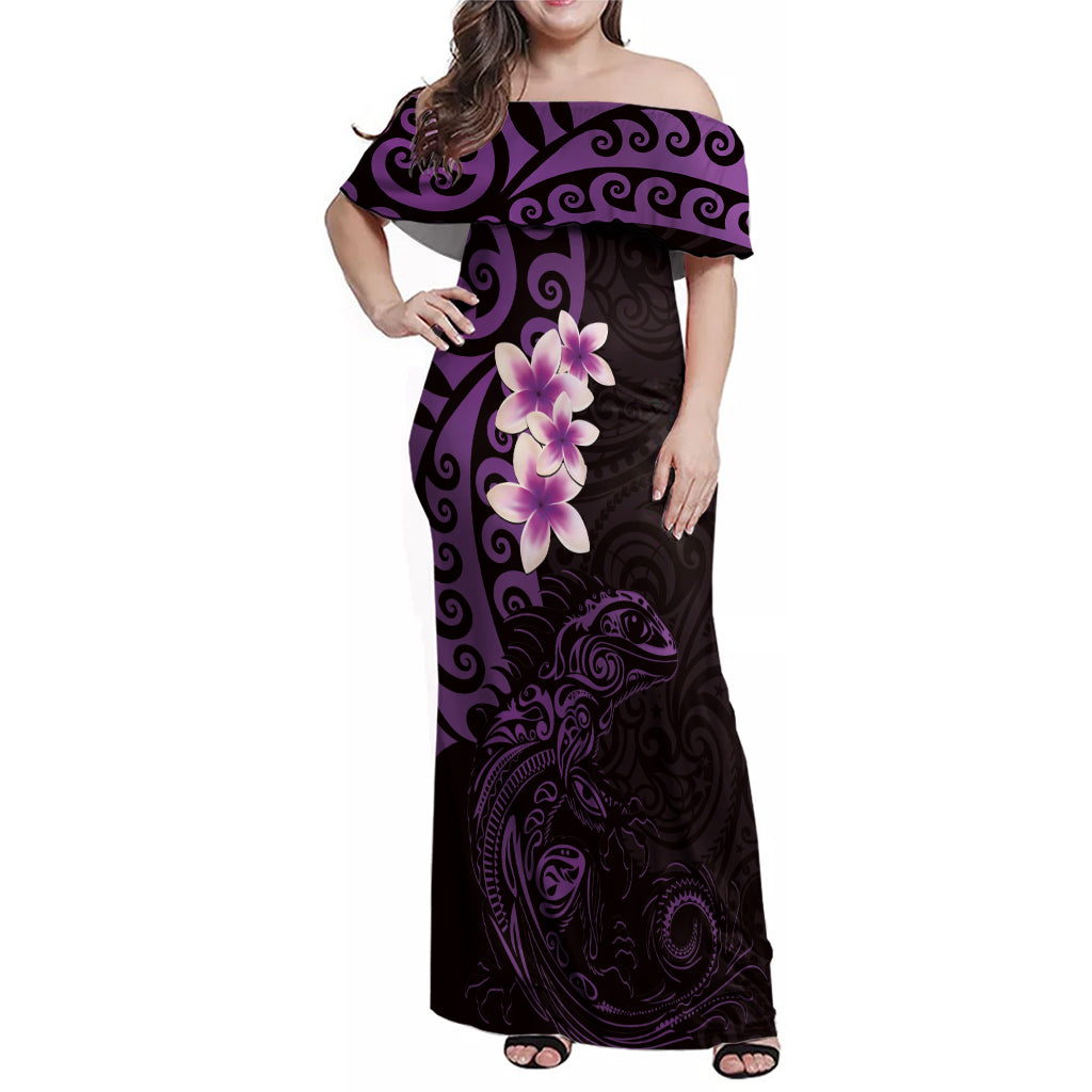 New Zealand Tuatara Plumeria Family Matching Off Shoulder Maxi Dress and Hawaiian Shirt Maori Purple Koru Tribal Tattoo