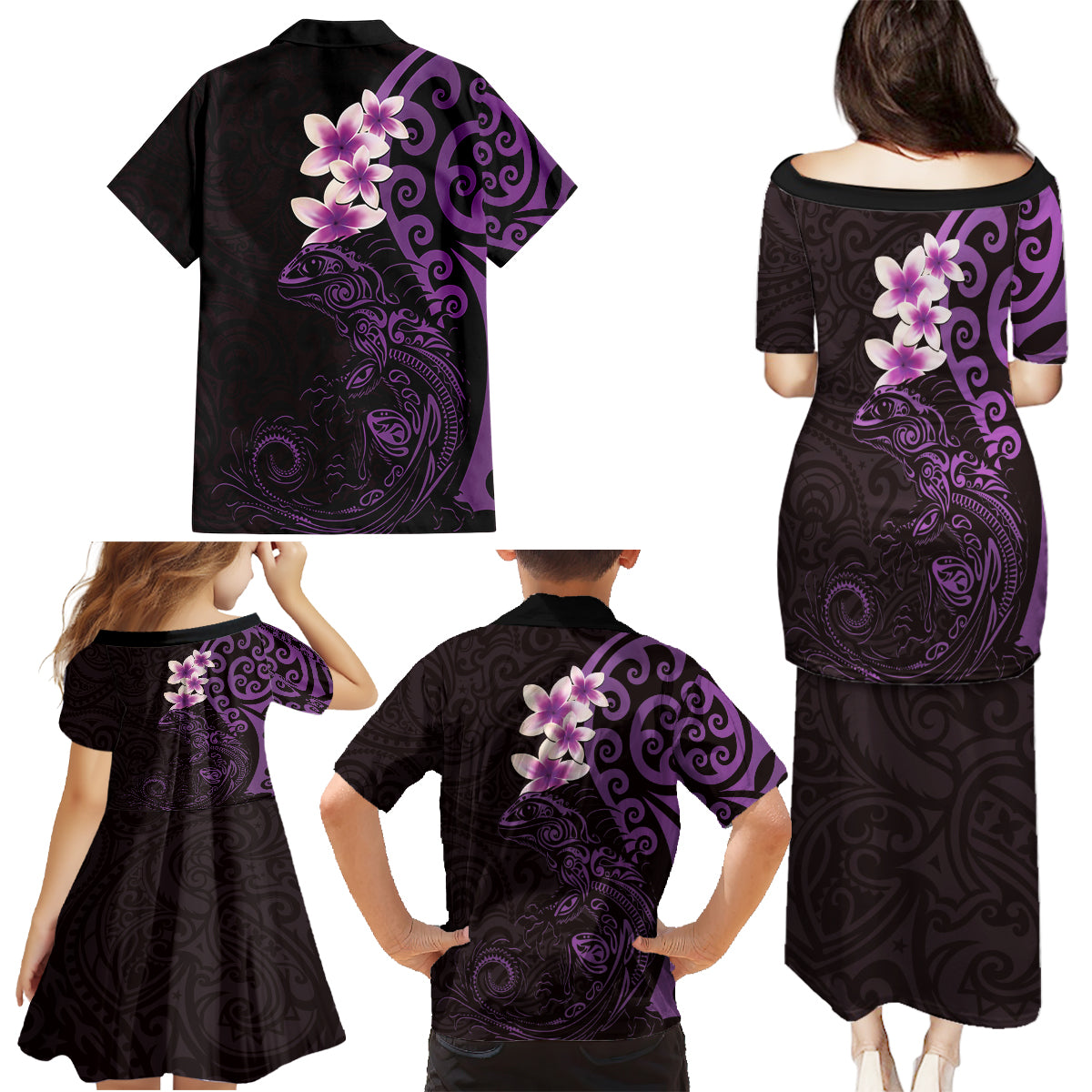 New Zealand Tuatara Plumeria Family Matching Puletasi and Hawaiian Shirt Maori Purple Koru Tribal Tattoo LT01 - Polynesian Pride