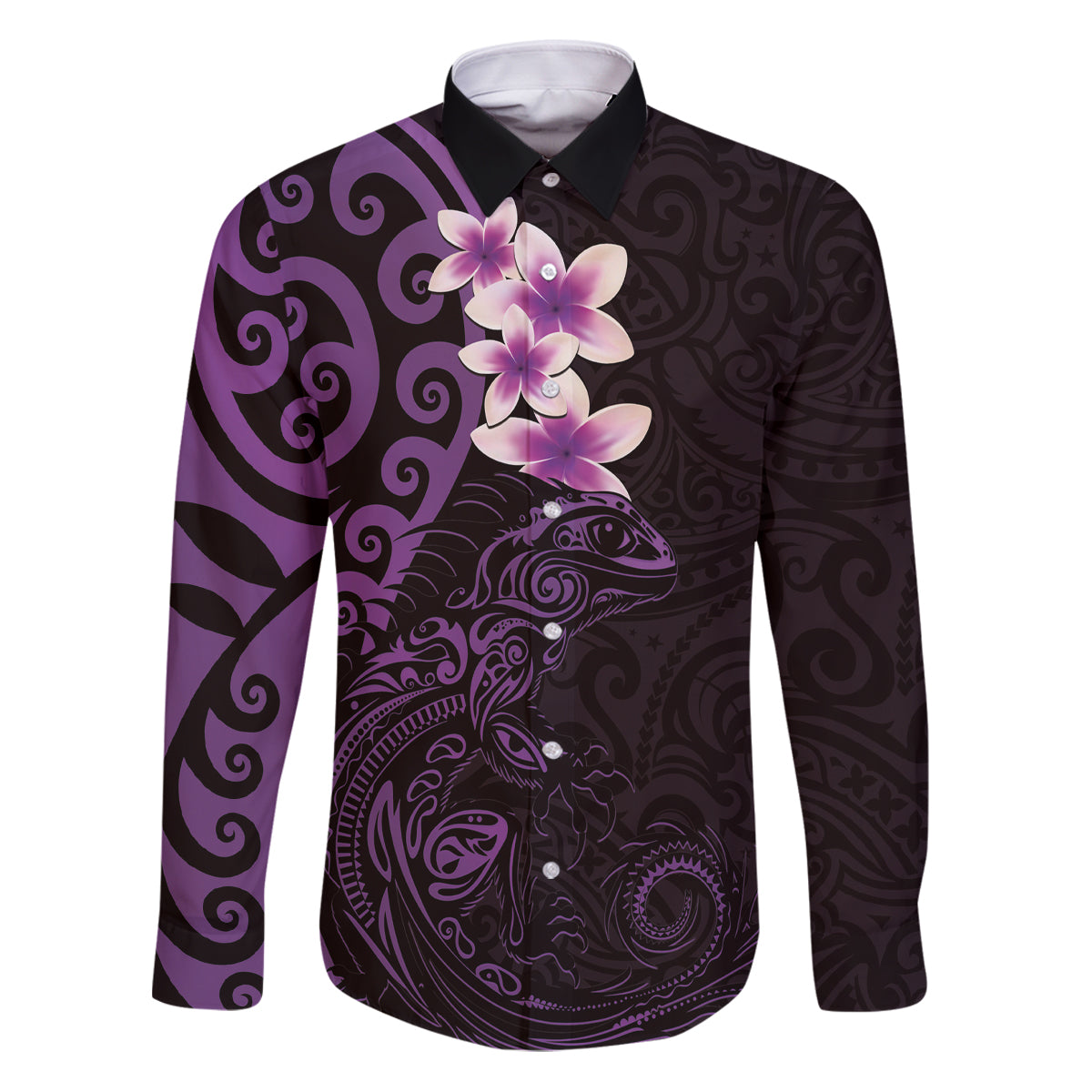 New Zealand Tuatara Plumeria Family Matching Puletasi and Hawaiian Shirt Maori Purple Koru Tribal Tattoo LT01 Dad's Shirt - Long Sleeve Purple - Polynesian Pride