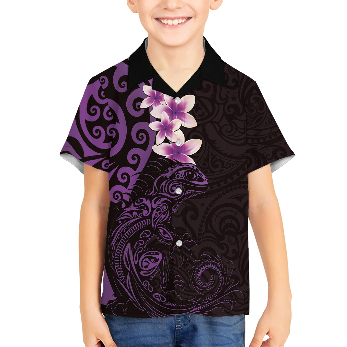 New Zealand Tuatara Plumeria Family Matching Puletasi and Hawaiian Shirt Maori Purple Koru Tribal Tattoo LT01 Son's Shirt Purple - Polynesian Pride