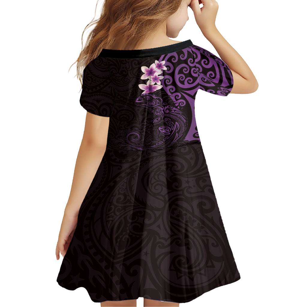 New Zealand Tuatara Plumeria Family Matching Short Sleeve Bodycon Dress and Hawaiian Shirt Maori Purple Koru Tribal Tattoo LT01 - Polynesian Pride